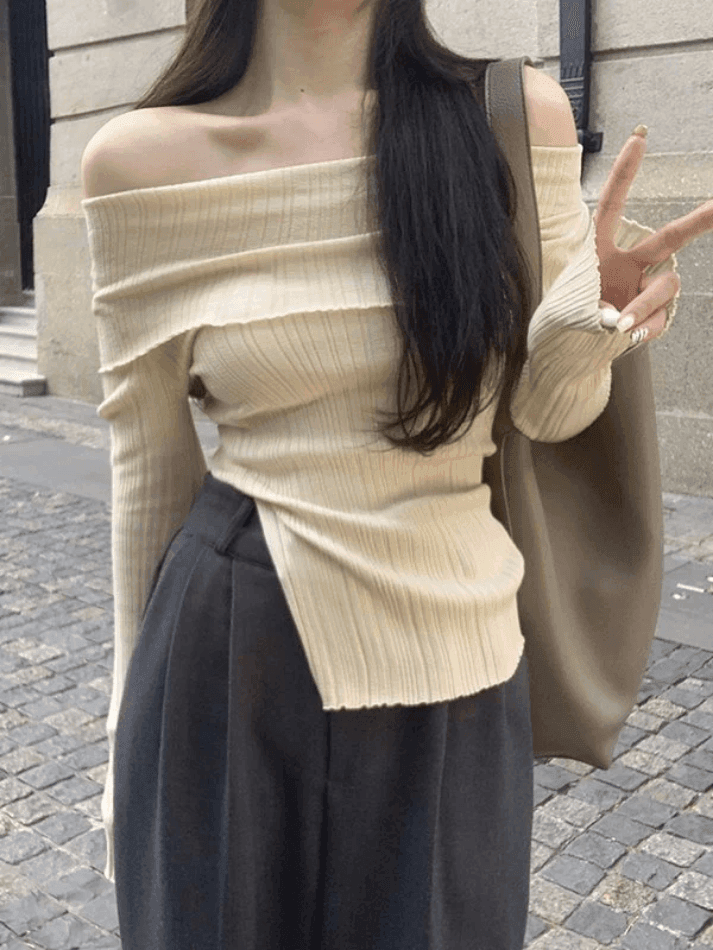 Split Off Shoulder Ribbed Knit Top - AnotherChill