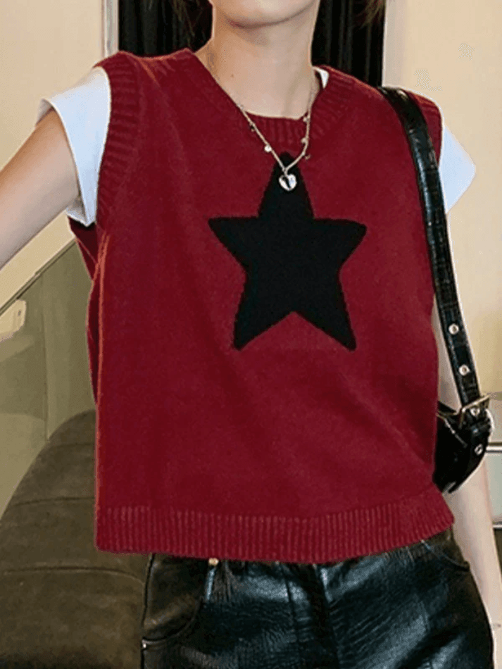 Star Jacquard Crew Neck Cropped Sweater Vest - AnotherChill