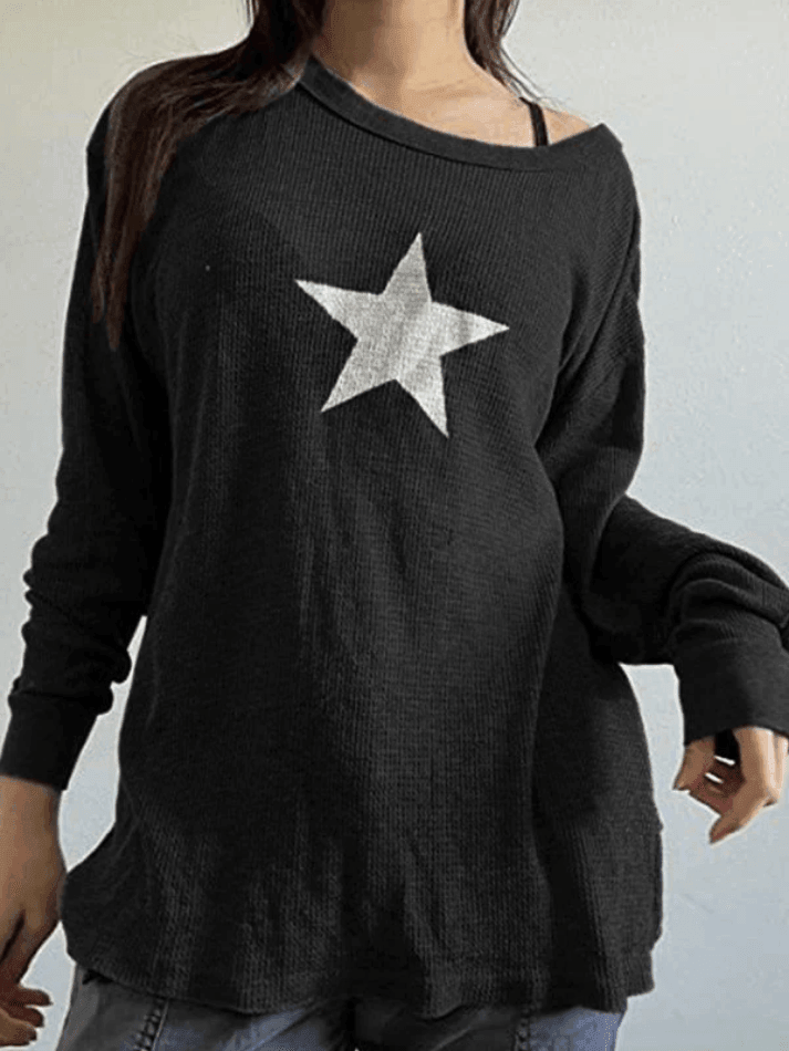 Star Print Long Sleeve Waffle Knit Top - AnotherChill