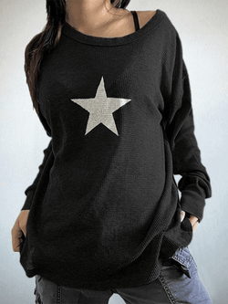 Star Print Long Sleeve Waffle Knit Top - AnotherChill