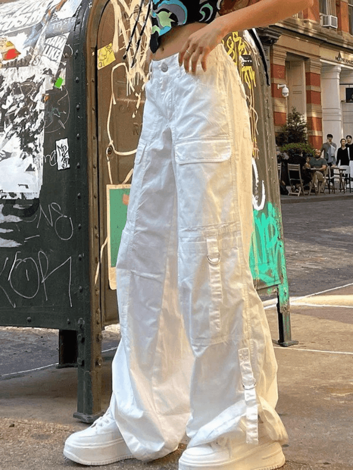 Straight Leg White Parachute Cargo Pants - AnotherChill