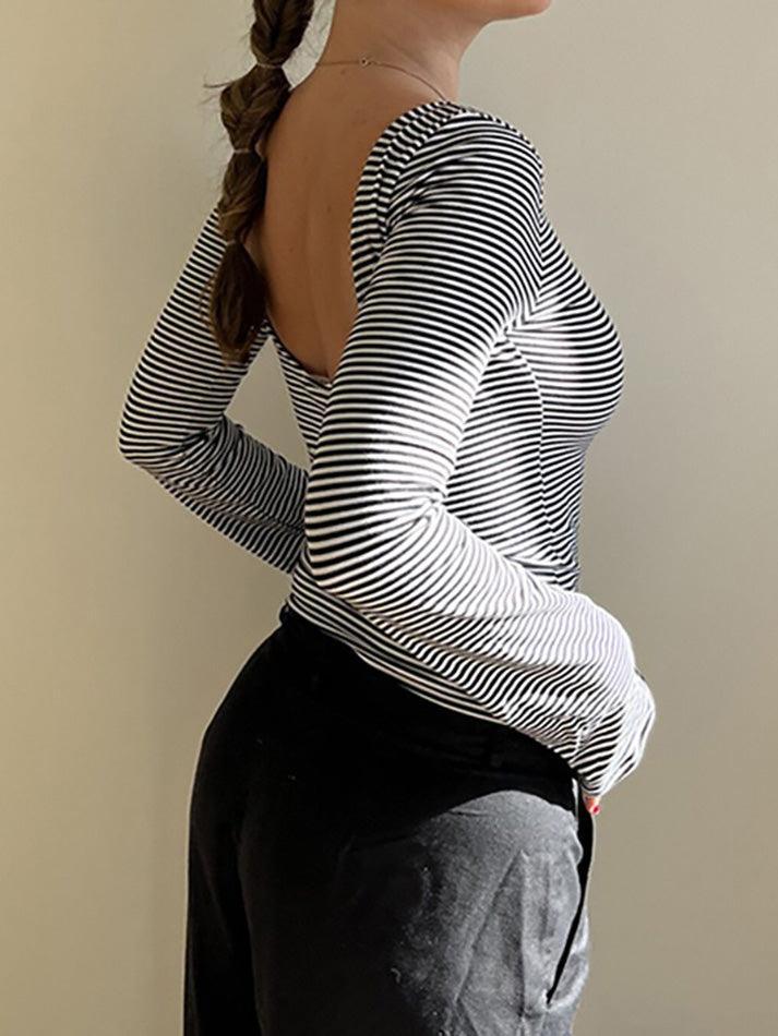 Striped Backless Long Sleeve Top - AnotherChill