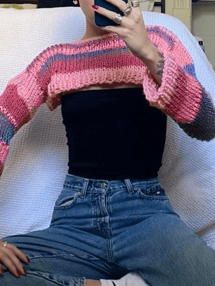 Striped Long Sleeve Bolero Sweater Top - AnotherChill