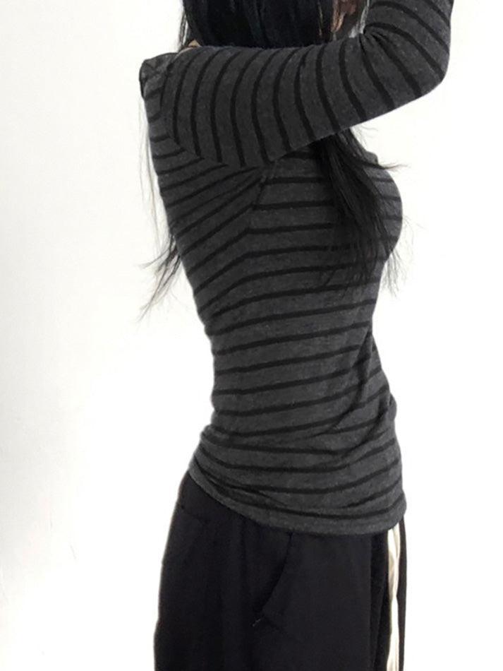 Striped One Shoulder Long Sleeve Tee - AnotherChill