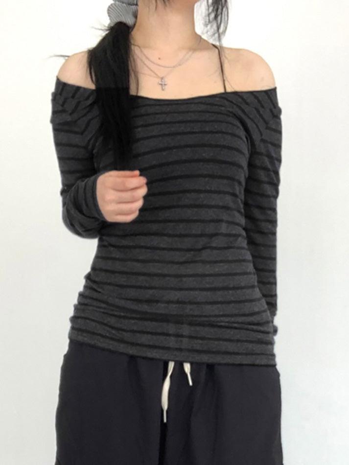 Striped One Shoulder Long Sleeve Tee - AnotherChill