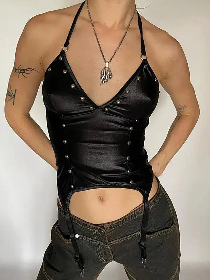 Studded PU Leather Halter Tank Top - AnotherChill