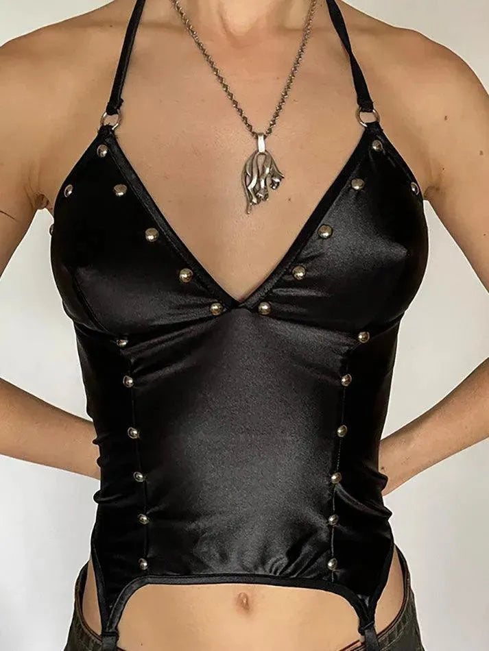 Studded PU Leather Halter Tank Top - AnotherChill