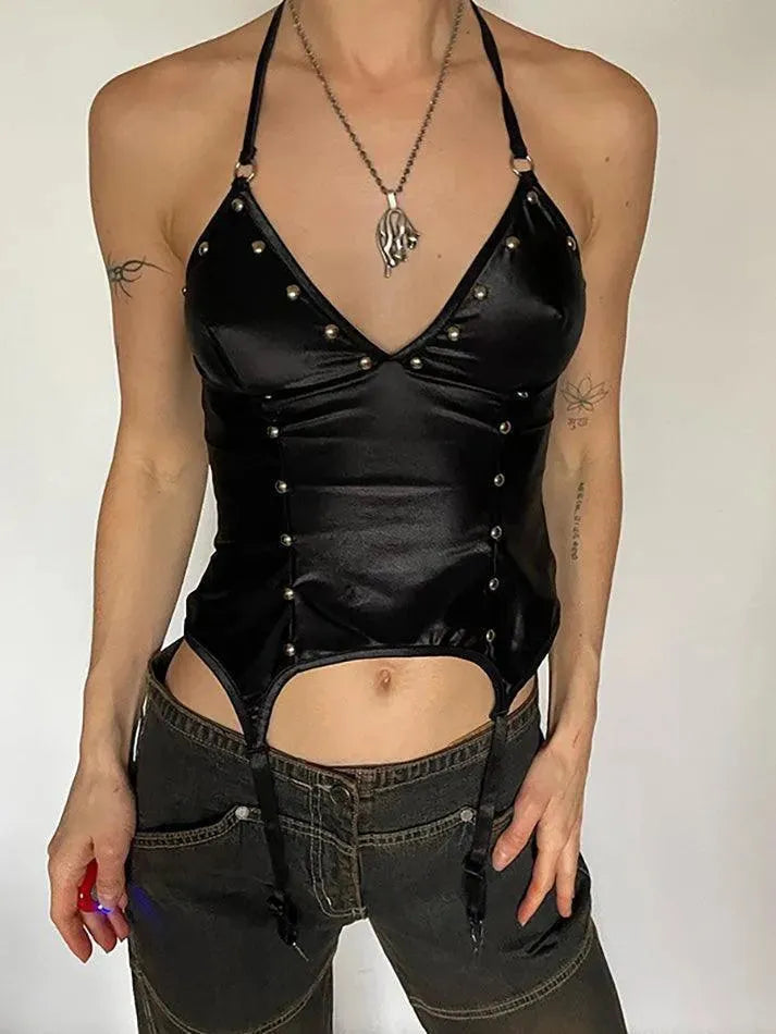 Studded PU Leather Halter Tank Top - AnotherChill