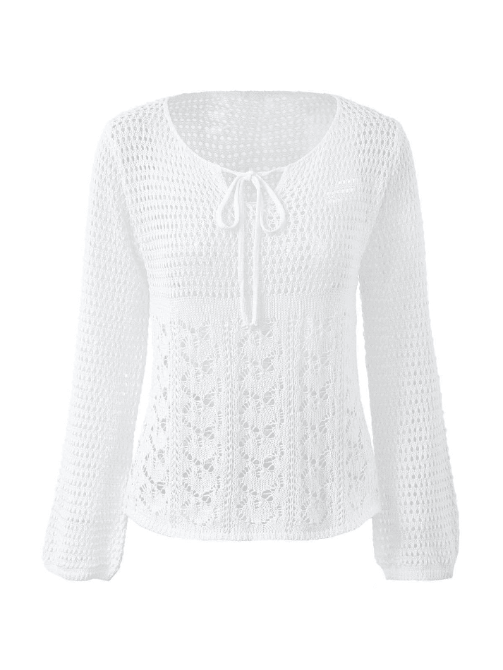 Tie Front White Open Knit Top - AnotherChill