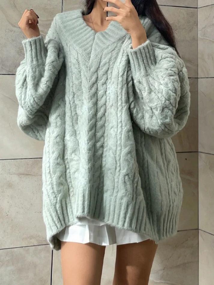 Twist Design V Neck Loose Sweater - AnotherChill