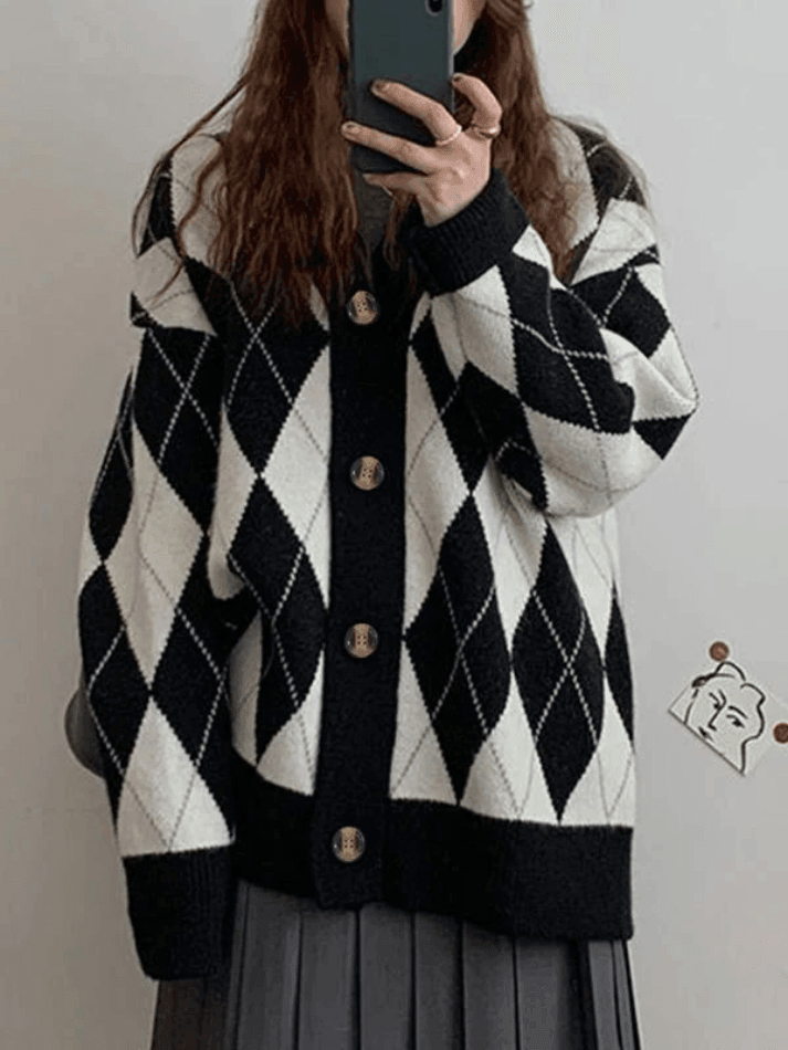 V Neck Argyle Pattern Knit Cardigan - AnotherChill