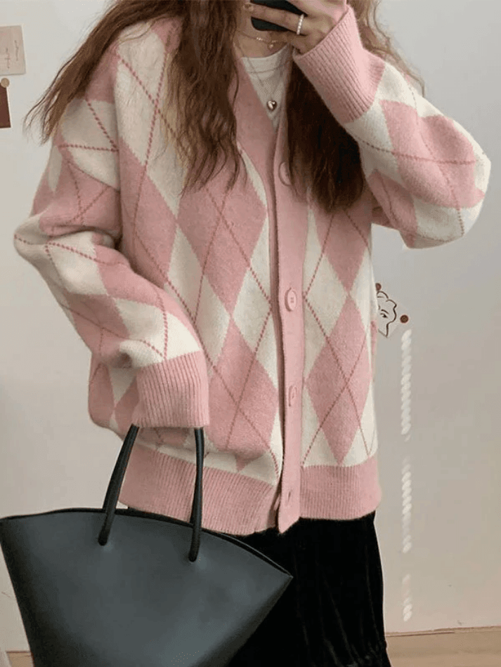 V Neck Argyle Pattern Knit Cardigan - AnotherChill