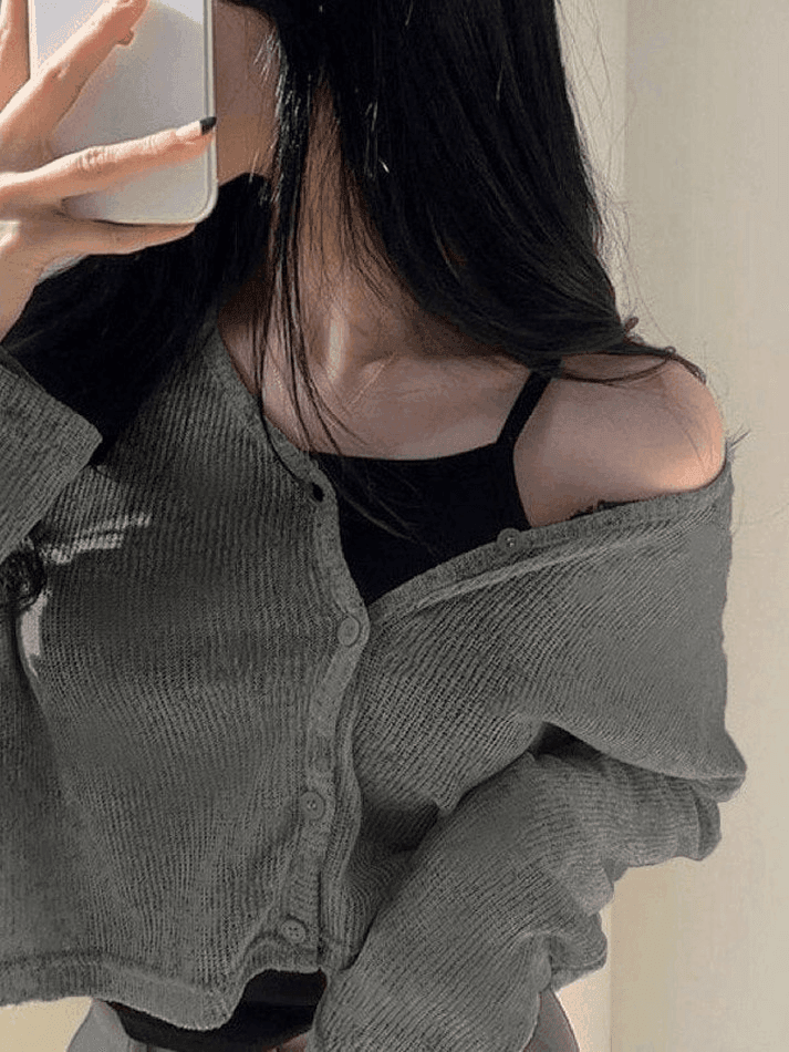 V Neck Button Up Cropped Cardigan - AnotherChill