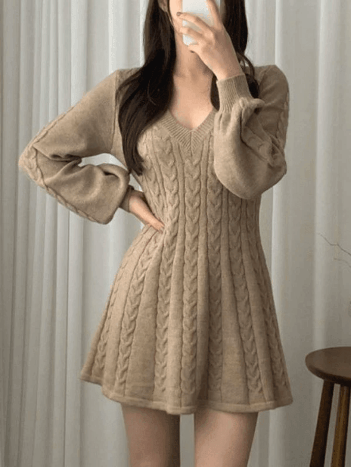 V Neck Cable Knit Long Sleeve Mini Dress - AnotherChill