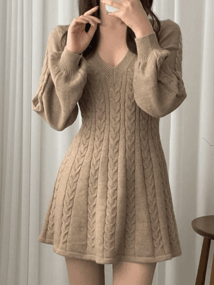 V Neck Cable Knit Long Sleeve Mini Dress - AnotherChill