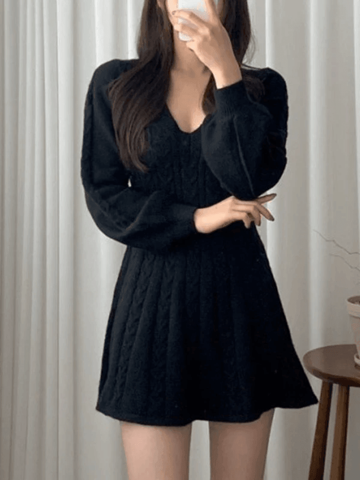 V Neck Cable Knit Long Sleeve Mini Dress - AnotherChill