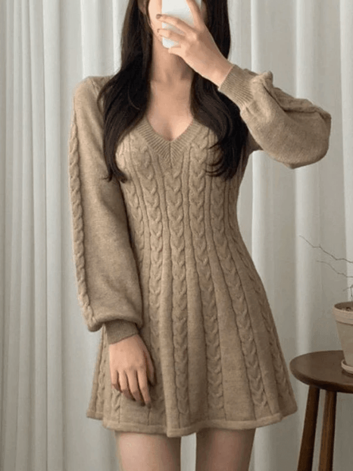 V Neck Cable Knit Long Sleeve Mini Dress - AnotherChill