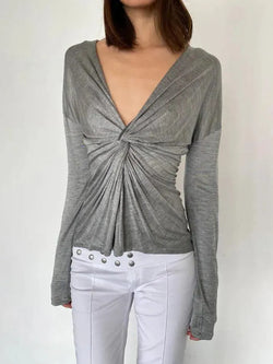 V-Neck Ruched Fitted Long Sleeve Top - AnotherChill