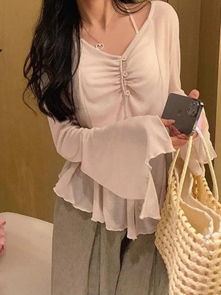 V Neck Split Flare Sleeve Long Sleeve Blouse - AnotherChill