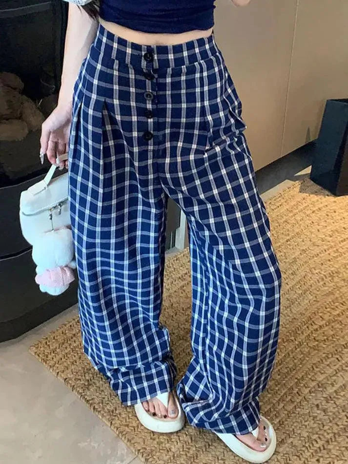 Vintage Blue Plaid Wide Leg Pants - AnotherChill