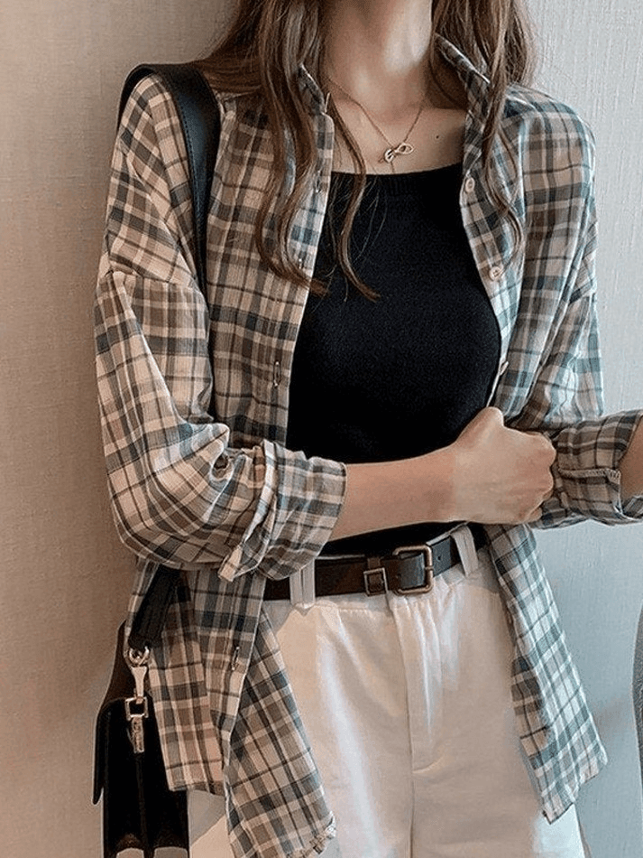 Vintage Checkered Long Sleeve Button Blouse - AnotherChill