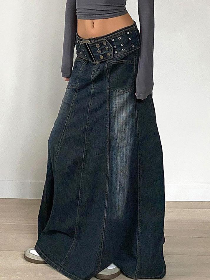 Vintage Eyelet Belt A-Line Denim Skirt - AnotherChill