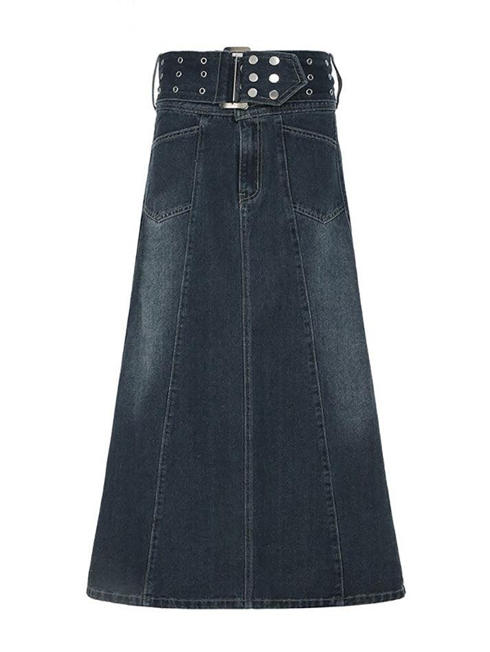 Vintage Eyelet Belt A-Line Denim Skirt - AnotherChill