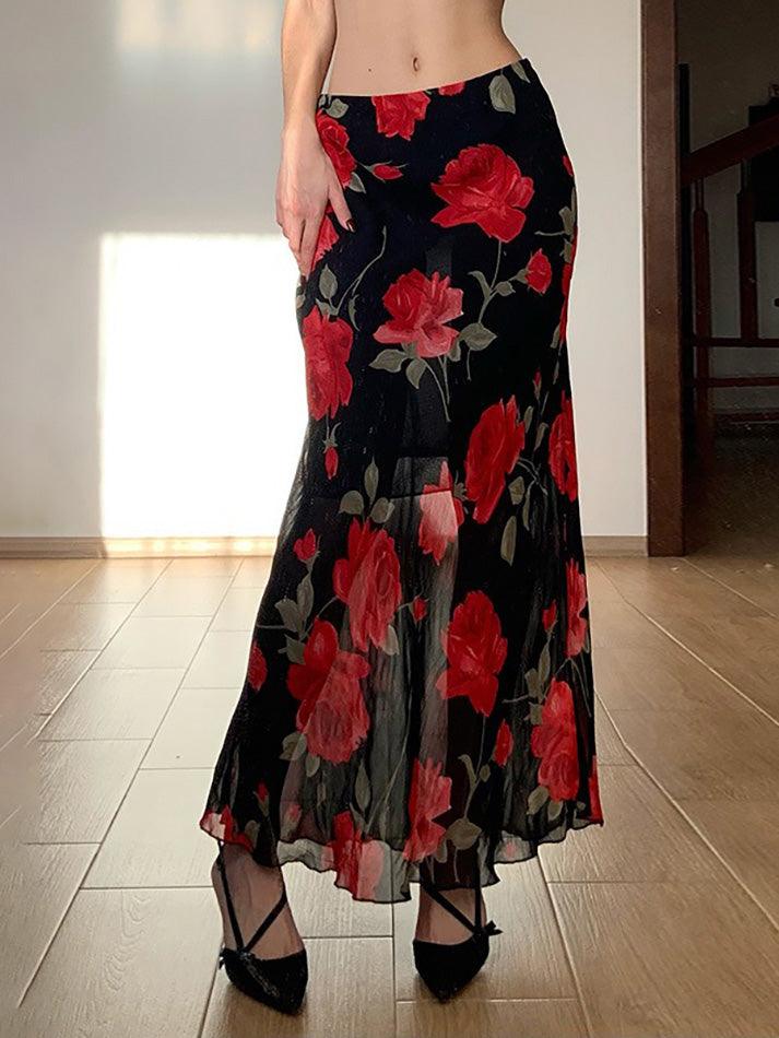 Vintage Floral Print Mesh Layered High-Waist Skirt - AnotherChill