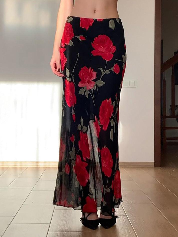 Vintage Floral Print Mesh Layered High-Waist Skirt - AnotherChill