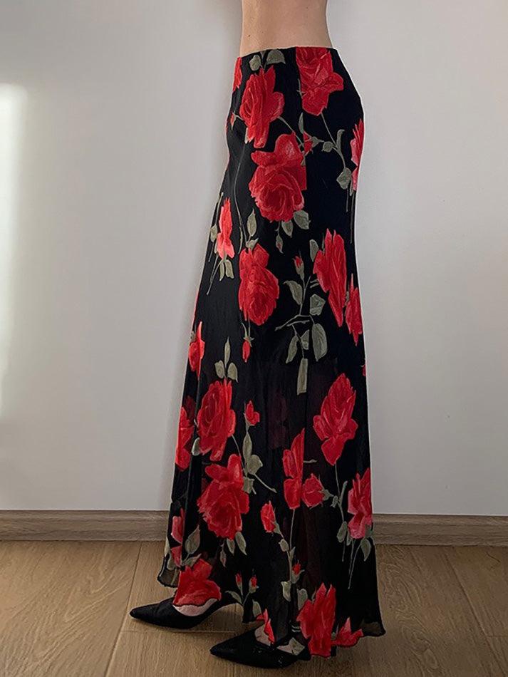 Vintage Floral Print Mesh Layered High-Waist Skirt - AnotherChill