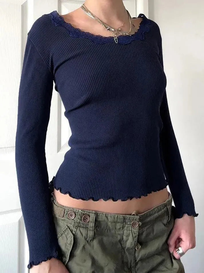 Vintage Lace Ruffle Trim Crew Neck Crop Top - AnotherChill