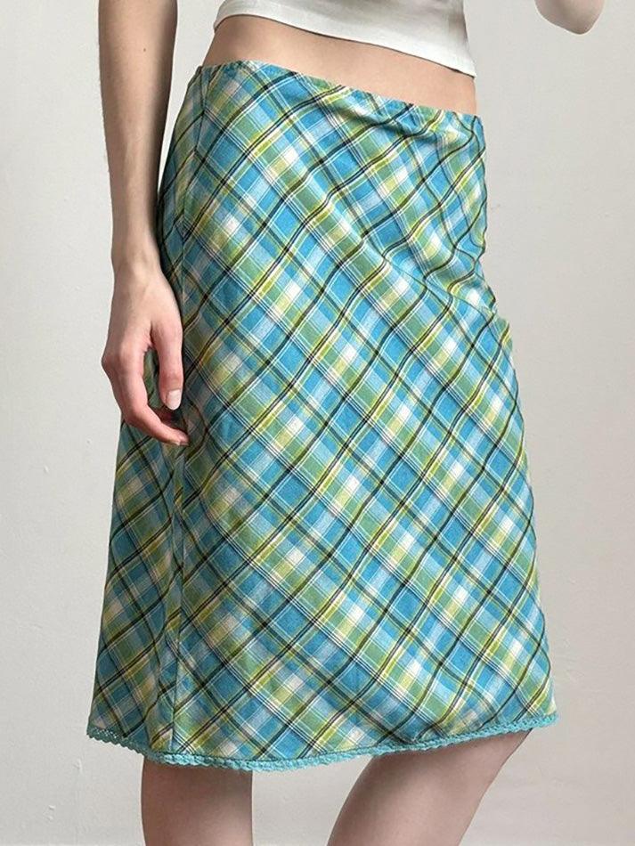 Vintage Lace Trim Contrast Plaid Midi Skirt - AnotherChill