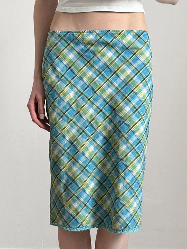 Vintage Lace Trim Contrast Plaid Midi Skirt - AnotherChill