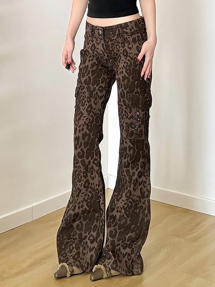 Vintage Leopard Print Multi-Pocket Flared Jeans - AnotherChill