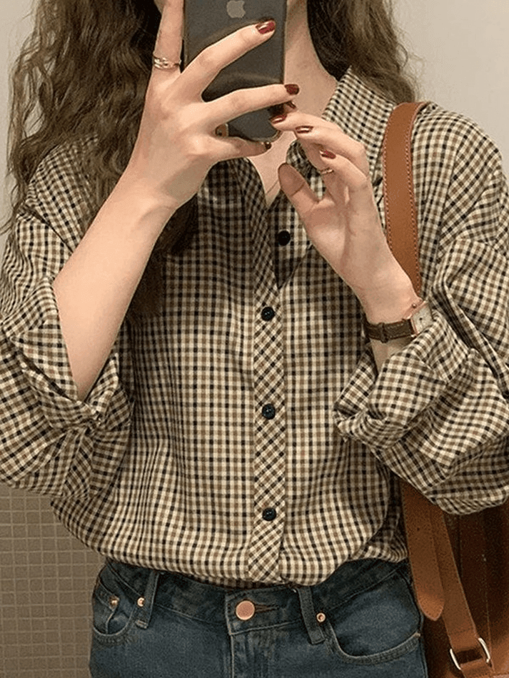 Vintage Long Sleeve Checkered Blouse - AnotherChill