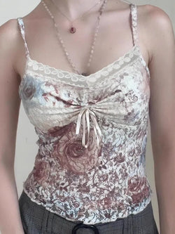 Vintage Oil Painting Print Lace V-Neck Tank Top - AnotherChill