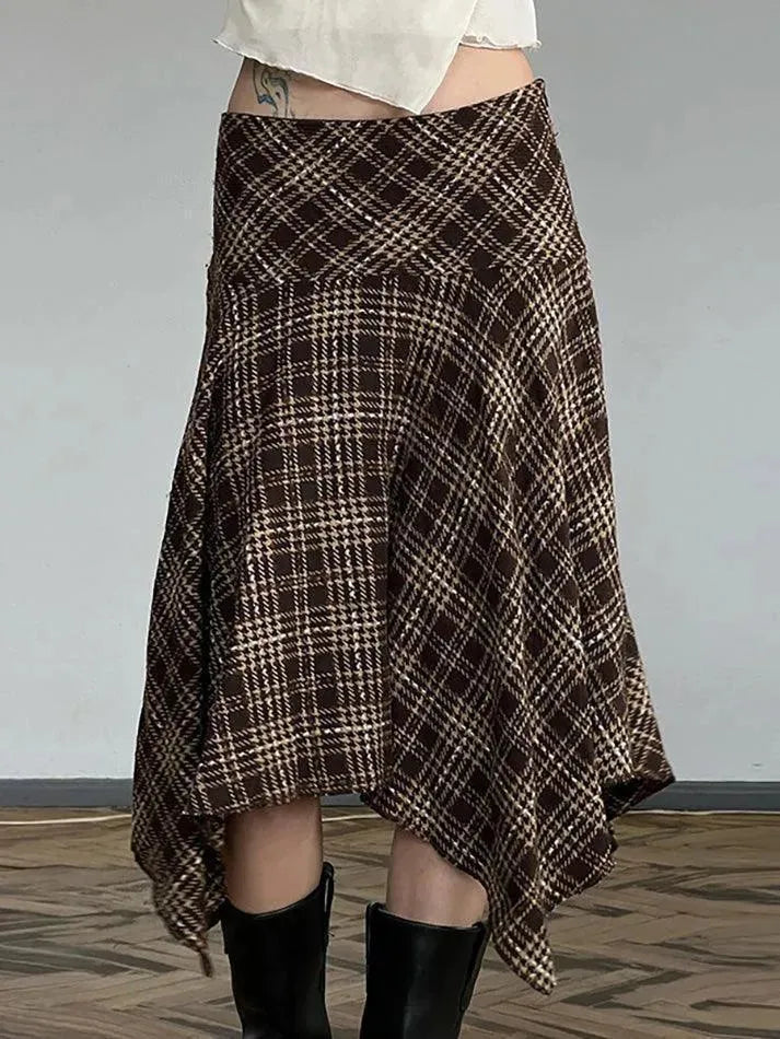 Vintage Plaid Contrast High-Waisted Asymmetrical Skirt - AnotherChill