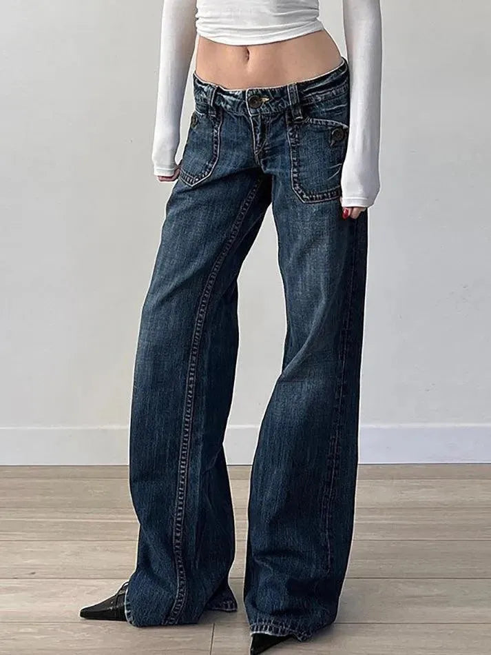 Vintage Pocket Washed Low-Rise Straight-Leg Jeans - AnotherChill