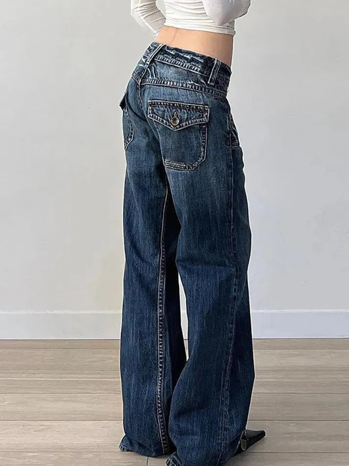 Vintage Pocket Washed Low-Rise Straight-Leg Jeans - AnotherChill