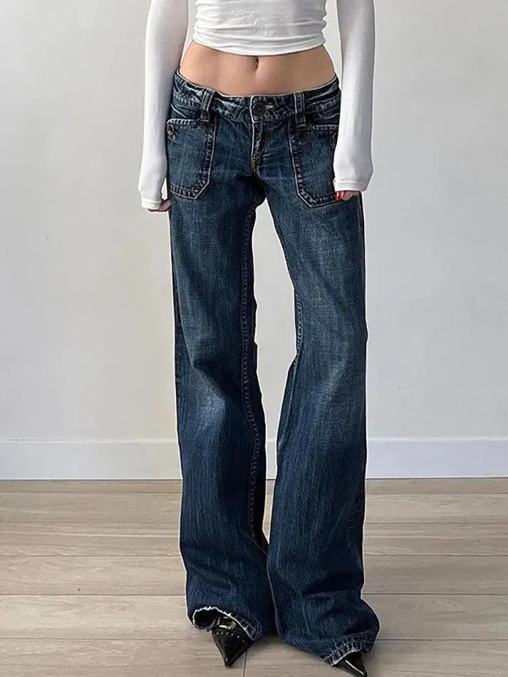 Vintage Pocket Washed Low-Rise Straight-Leg Jeans - AnotherChill