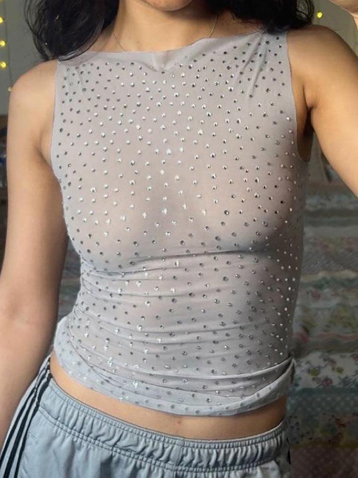 Vintage Rhinestone Sheer Mesh Tank Top - AnotherChill