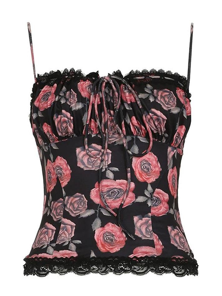 Vintage Rose Print Drawstring Tie Cami Top - AnotherChill