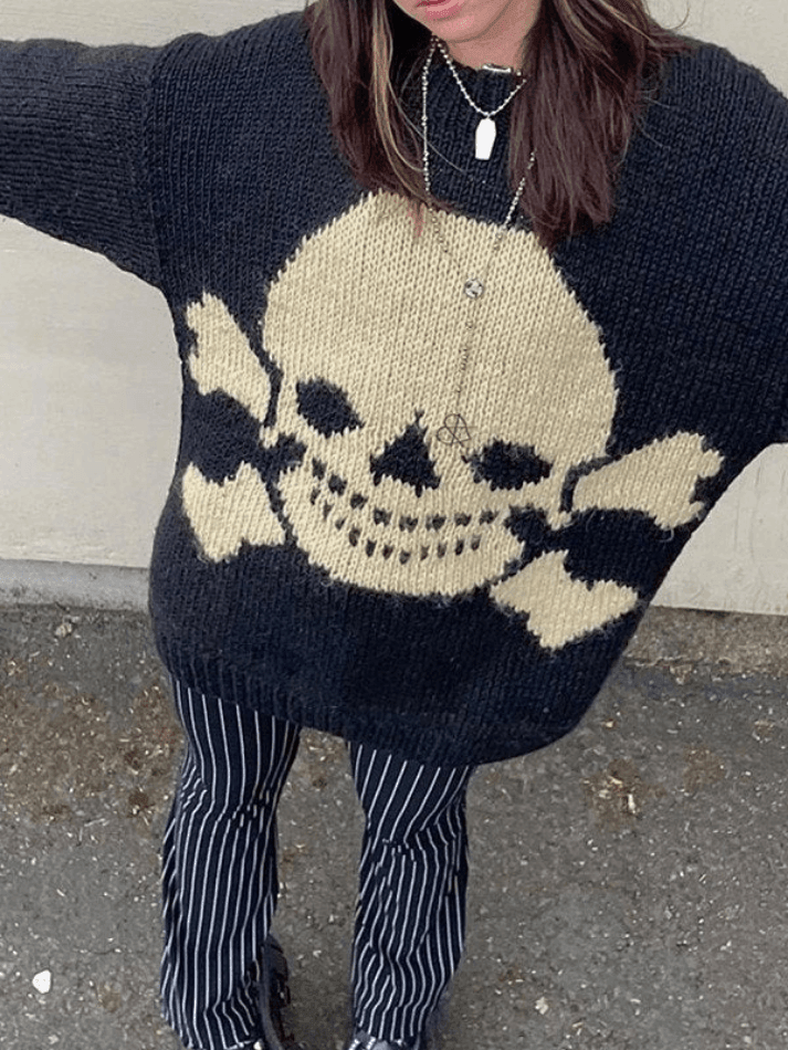 Vintage Skull Jacquard Pullover Sweater - AnotherChill