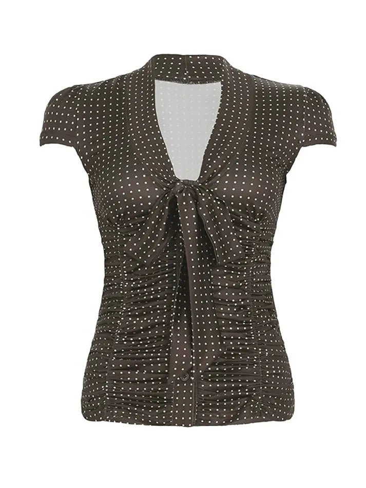 Vintage Tie Bow Polka Dot Button-Up Top - AnotherChill