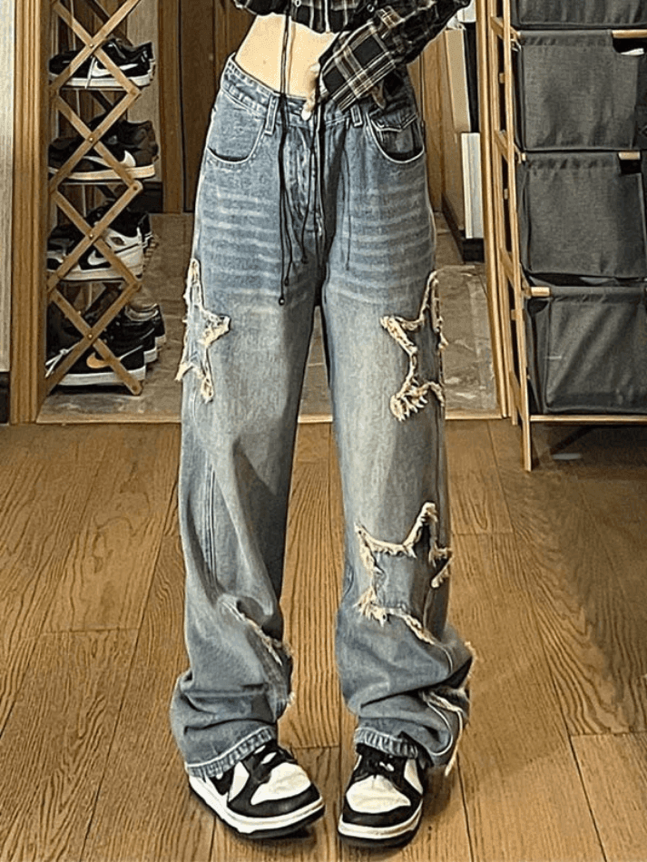 Vintage Wash Distressed Star Patch Boyfriend Jeans - AnotherChill