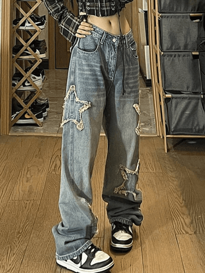 Vintage Wash Distressed Star Patch Boyfriend Jeans - AnotherChill