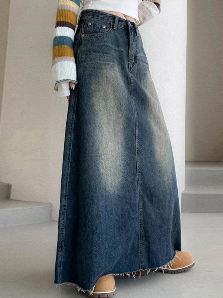 Vintage Washed Denim Maxi Skirt - AnotherChill