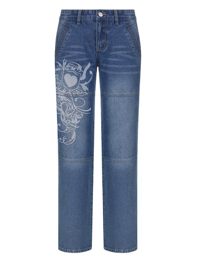 Vintage Washed Heart Print Jeans - AnotherChill