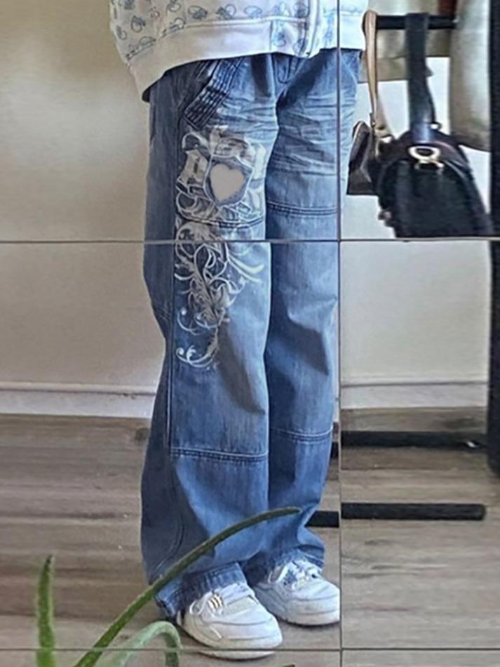 Vintage Washed Heart Print Jeans - AnotherChill