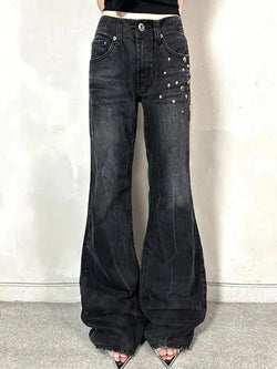 Vintage Washed Studded Flared Jeans - AnotherChill